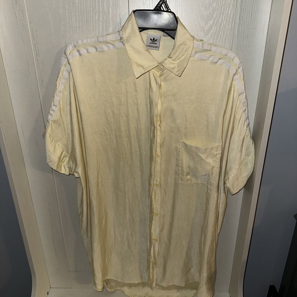 Adidas Women Short Sleeve Satin Button Up Shirt Dress Oversized Small Yellow